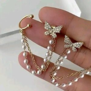 Butterfly Rhinestone Earrings with Cuff-Chain
